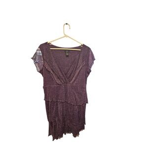 JBS Purple Metallic Sparkle‎ Tiered Ruffle Cocktail Dress XL V-Neck Cap Sleeve